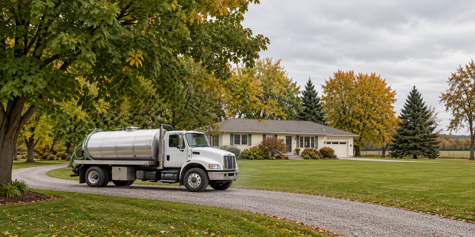 A septic vacuum truck on a gravel drive beside a Midwestern home and autumn trees.
