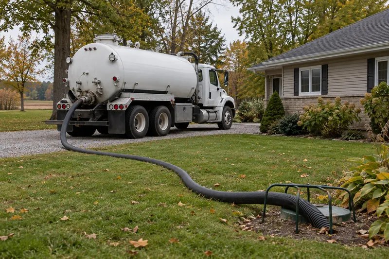 A vacuum truck on a driveway with a hose leading to a septic access point